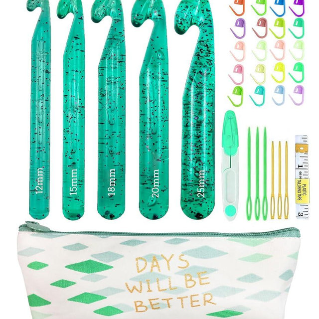 Weabetfu 5 Large Crochet Hook,25mm 20mm 18mm 15mm 12mm Size Crochet Hooks, Large Crochet Hook for Chunky Yarn,24PCS Big Crochet Hooks,10mm-25mm Crochet Needles with Case (Green)