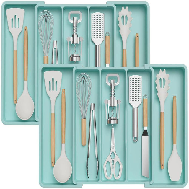 Lifewit Utensil Organizer for Kitchen Drawers, Expandable Cooking Utensil Tray, Adjustable Cutlery Silverware Flatware Holder, Plastic Kitchen Tools and Gadgets Storage Divider, 2 Pack, Turquoise