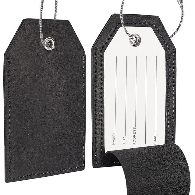 Genuine Leather Set of 2 Luggage Tag with Full Back Privacy Name ID Card Stainless Steel Loop Suitcase Labels Identifiers Baggage Tags Luggage for Women Men Travel (Black)