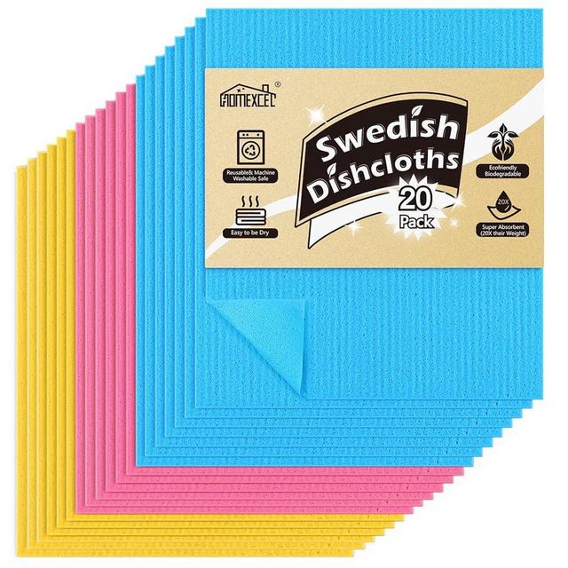HOMEXCEL Swedish Dishcloths for Kitchen 20 Pack, Sponge Dish Cloth for Counters & Washing Dishes, Reusable and Absorbent Paper Towels, 3 Colors Assorted