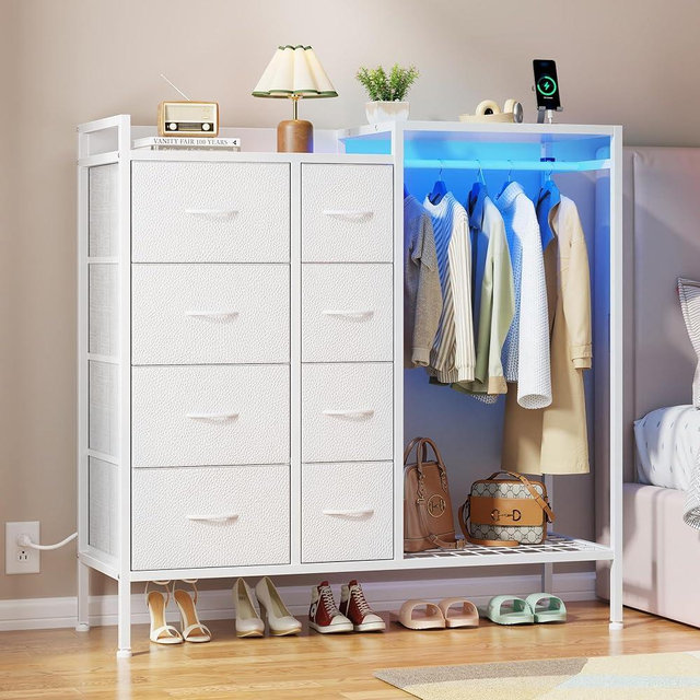 HIGDBFE Dresser with Hanging Rack, 8-Drawer Dresser for Bedroom with Charging Station & LED Lights, Kids Dressers with Shoe Rack, White, 11.8" D x 42" W x 42.7" H (8 Drawers)