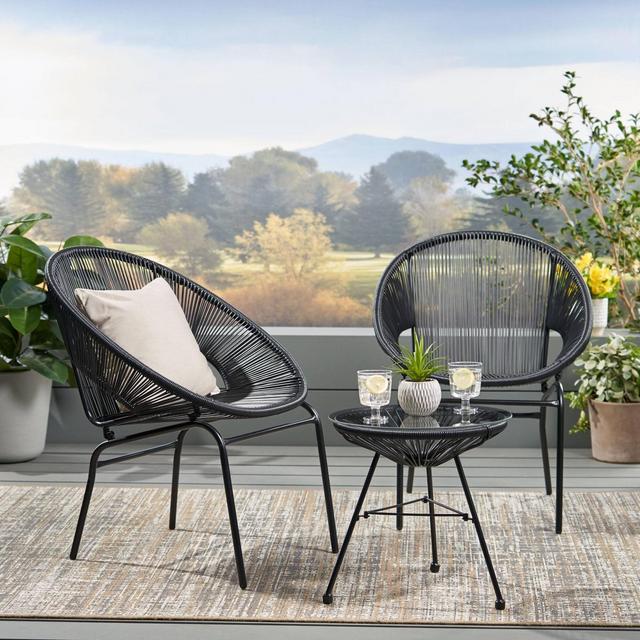 Nusa 3pc Faux Rattan Patio Chat Set Black - Christopher Knight Home