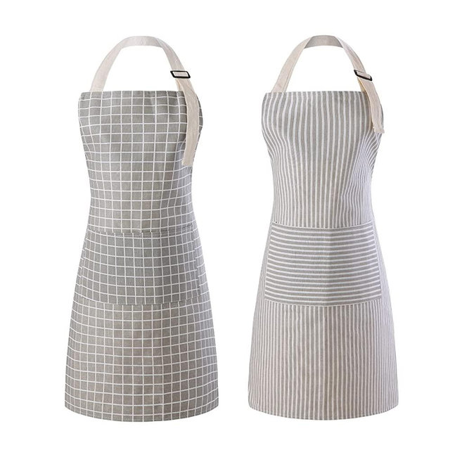 Tosewever 2 Pieces Kitchen Cooking Aprons, Waterproof Linen Adjustable Bib Aprons with 2 Pockets for Women Men Chef (Grey Stripes/Plaids, 2)