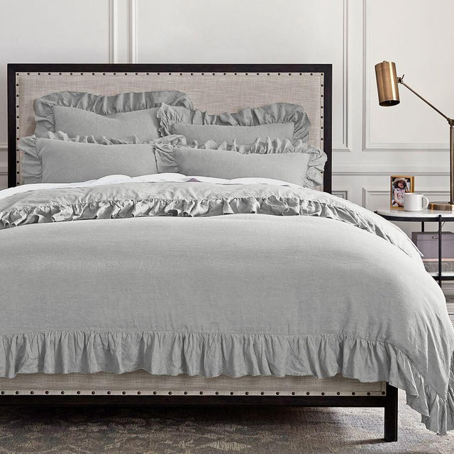 Soft Gray Belgian Flax Linen Fringe Ruffle Duvet Cover, Full/Queen