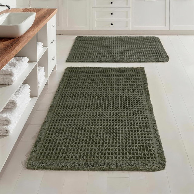 ZVFFDG Set of 2 Waffle Bathroom Rugs, Non Slip Absorbent Waffle Knit Bath Mat for Shower Floor, Tub and Bathroom Door, Ultra Soft Quick Dry, Olive Green, 18"x30"+24"x36"