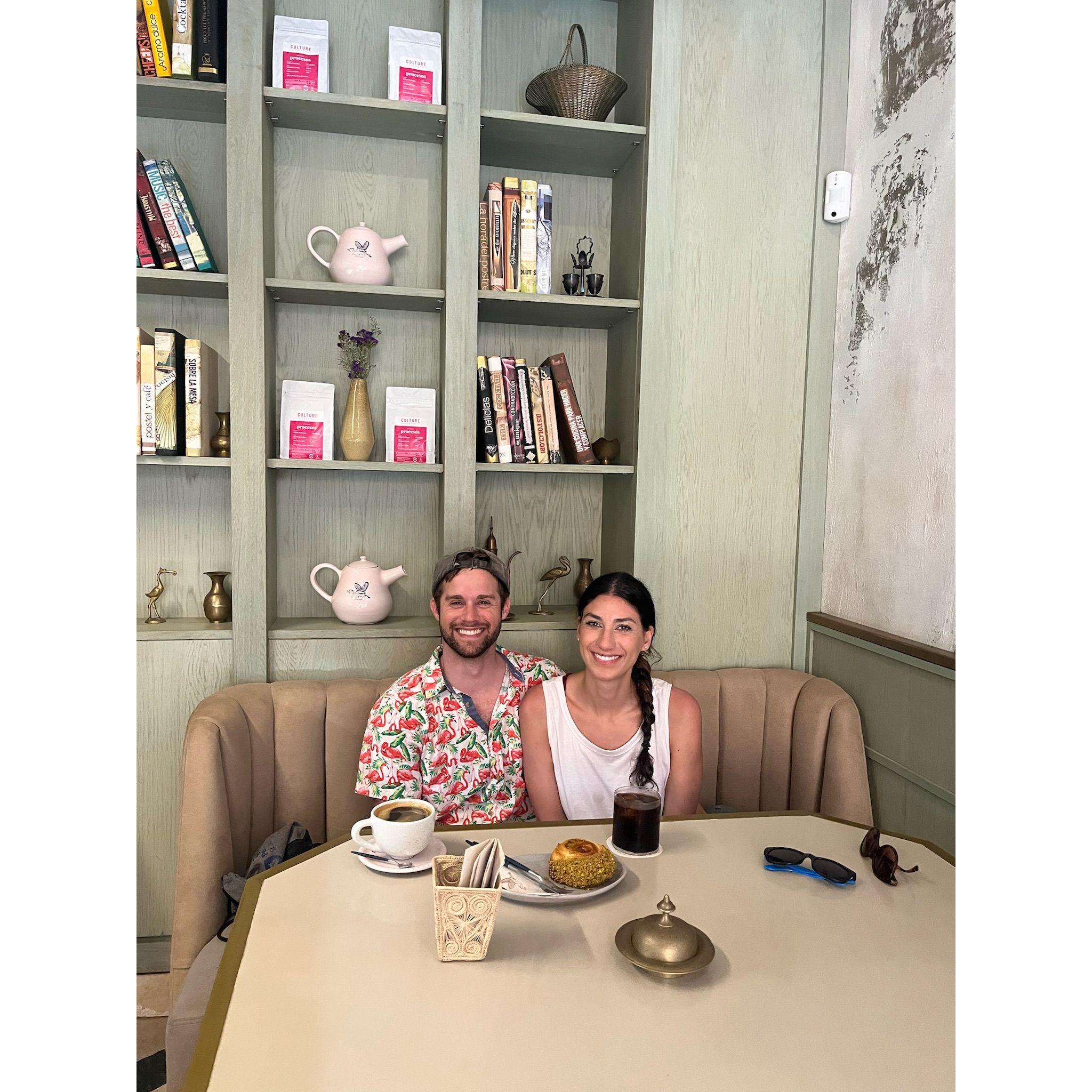 Grabbing our fifth coffee of the day in Cartagena, Colombia.