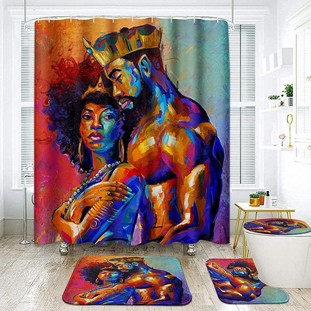 ArtSocket 4 Pcs Shower Curtain Set African Couple Fall in Love Colorful Vintage Creative with Non-Slip Rugs Toilet Lid Cover and Bath Mat Bathroom Decor Set 72" x 72"