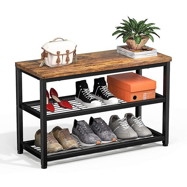 Homfio Shoe Rack, 3 Tier Shoe Rack Bench, Industrial Shoe Storage Organizer, Entry Bench, 3-Tier Metal Shoe Rack Shelves with MDF Top Board, Entryway Table for Hallway, Living Room, Closet, Bedroom