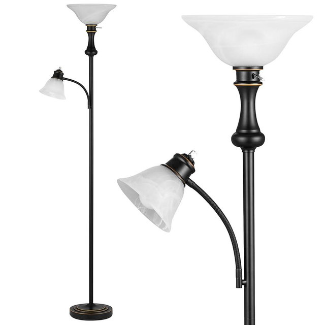 Leasgy 71'' Floor Lamps for Living Room, Tall Floor Lamp for Bedroom with Adjustable Angle Arc Reading lamp, Modern Torchiere Standing lamp with Glass Shade, Knob Switch, Bulb Included, Black