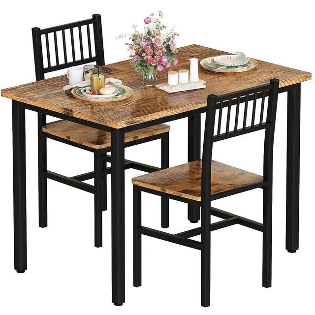 AWQM 3 Piece Dining Table Set, Small Industrial Kitchen Table and 2 Chairs, Kitchen Breakfast Dining Table Set, Breakfast Table Set for Dining Room, Living Room, Apartment, Small Space, Brown