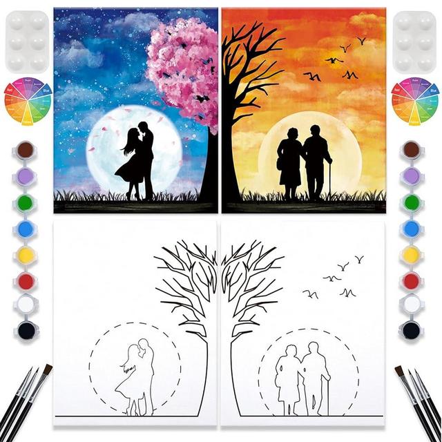 VALLSIP 2 Pack Paint and Sip Canvas Painting Kit Pre Drawn Canvas for Painting for adults Stretched Canvas Couples Games Date Night Romantic life Anniversary Gifts Couple Paint Party 8X10