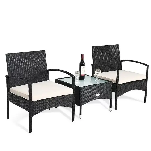 3-Piece Patio Wicker Rattan Furniture Set Coffee Table and 2 Rattan Chair with Beige Cushion
