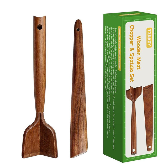 ‌2-Piece Durable Wooden Meat Chopper & Spatula Set | Multi-Functional Kitchen Utensils for Mashing Potatoes, Mixing Chicken & Ground Beef