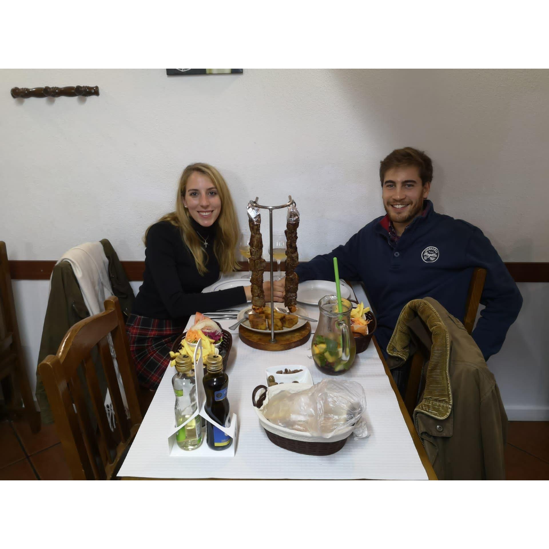 Our first dinner date, with my new favorite Portuguese treat, Madeiran steak skewers