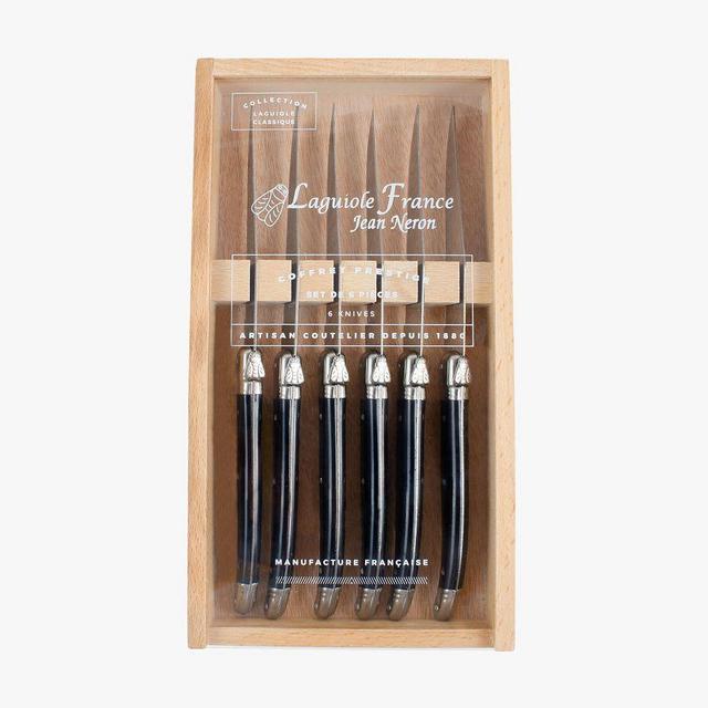Laguiole Steak Knives In Acrylic Lid Wooden Box, Set of 6 - Black