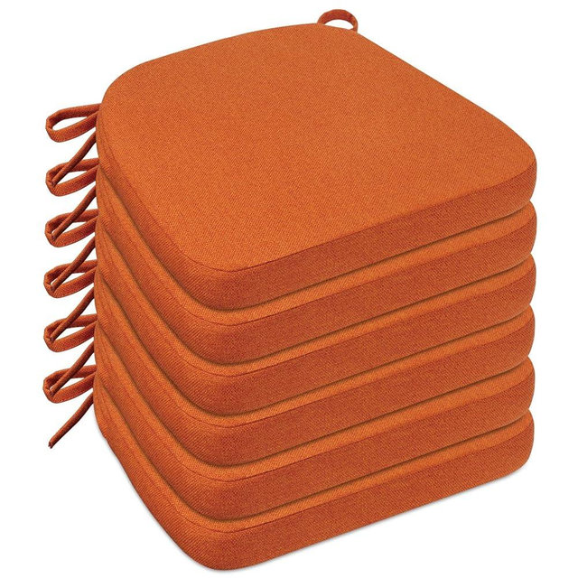 Sunsleek Chair Cushions for Dining Chairs, D-Shaped Seat Cushions with Removable Washable Cover and Ties, Chair Pads for Kitchen, Indoor Dining Room, Patio Chairs, 17'' x 16'', Set of 6, Orange