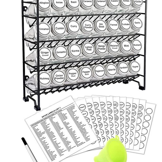 SWOMMOLY Spice Rack Organizer with 32 Empty Square Glass Spice Jars, 386 White Spice Labels with Chalk Marker and Funnel Complete Set, Seasoning Organizer for Countertop, Cabinet or Wall Mount