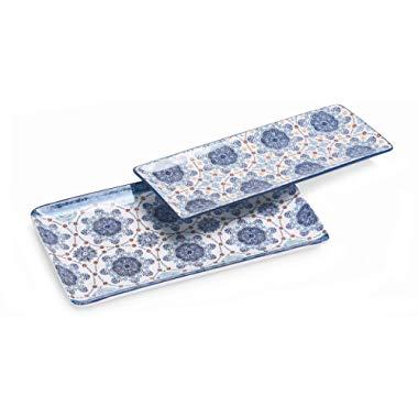 Bico Blue Talavera Ceramic 14 inch Rectangular Serving Platter, Set of 2, for Serving Salad, Pasta, Cheese, Ham, Appetizer, Microwave & Dishwasher Safe, House Warming Birthday Anniversary Gift