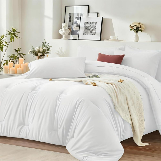 Easthome White Queen Comforter Set 7 Piece - Soft Bed in a Bag Queen Size Comforter Sets, Cozy Luxury Bedding Sets with Down Alternative Comforter, Flat Sheet, Fitted Sheet, 2 Pillowcases & 2 Shams