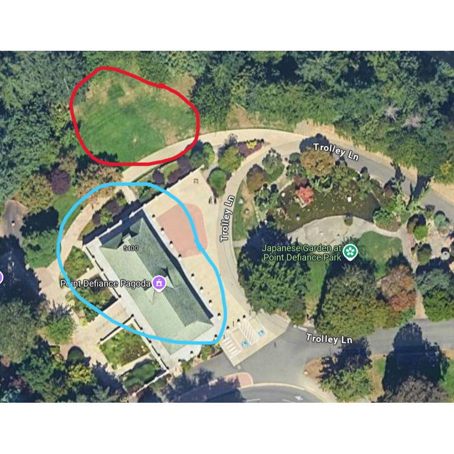 The area circled in red is where the Ceremony will be held. Circled in blue is the Pagoda where the Reception and Cocktail hour will be held.