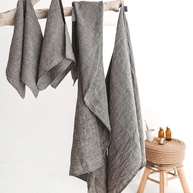 4-Piece 100% Linen Towels Set - 2 Bath Towels Set, 2 Hand Towel Sets - Black-Natural Waffle Weave Bathroom Towels Thin Pre-Washed Lightweight Quick-Dry Absorbent - Made from European Natural Pure Flax