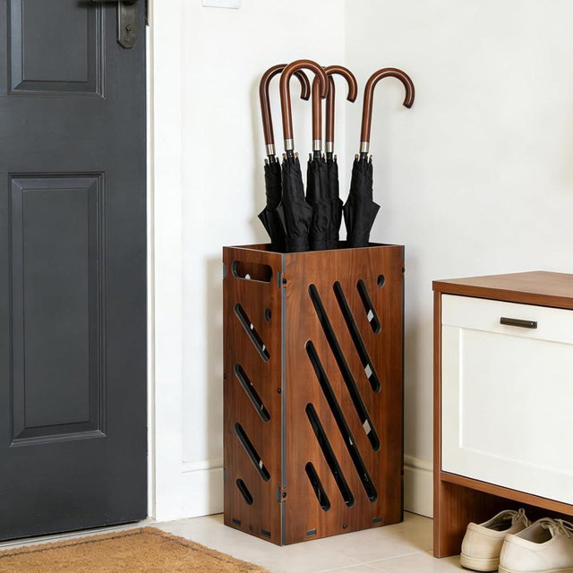 lokubond Brown Umbrella Stand for Entryway, Umbrella Holder with Removable Water Tray, PVC Umbrella Storage Bin Indoor Outdoor, Freestanding Storage Organizer for Home, Office, Hotel