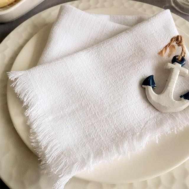 FLCSIed Handmade Cloth Napkins 100% Cotton Napkins with Fringe, Set of 4, 17.7 x 17.7 Inch Cotton Napkins Reusable Napkins Cloth Washable Table Napkins for Wedding Party (White)