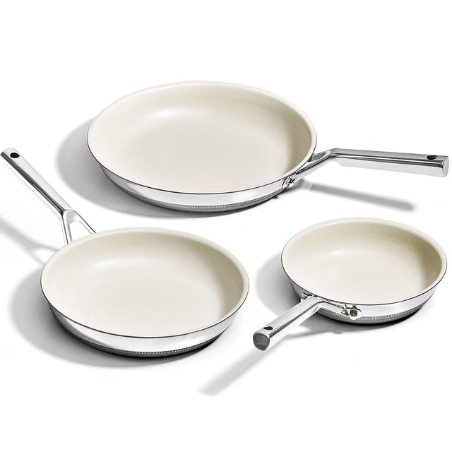 KITEXPERT Non Stick Frying Pans Set - 3 Piece (8", 10", 12") Beige Titanium Ceramic Pan, Nonstick Skillet Stainless Steel, PFAS, PFOA & PTFE Free, Dishwasher & Oven Safe, All Cooktops Compatible