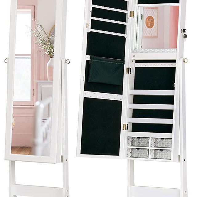 LUXFURNI LED Light Jewelry Cabinet Standing Mirror Makeup Lockable Armoire, Large Storage Organizer w/Drawers (white, L)