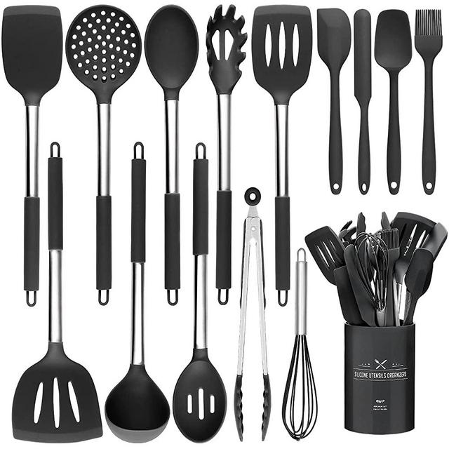 15 PCS Silicone Kitchen Cooking Utensils Set, Heat-Resistant Utensil Set with Premium Stainless Handles for Cooking and Baking, Non-Stick Spatula Kitchen Gadgets Cookware Set(Black)