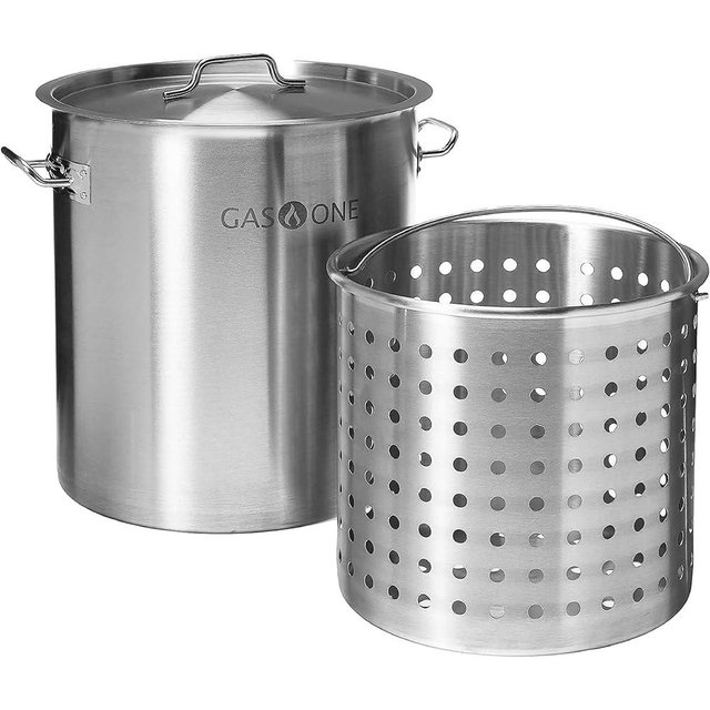GasOne Stainless Steel Stockpot with Basket – 100qt Stock Pot with Lid and Reinforced Bottom – Heavy-Duty Cooking Pot for Deep Frying, Turkey Frying, Beer Brewing, Soup, Seafood Boil – Satin Finish