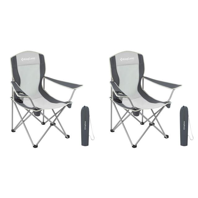 KingCamp Lightweight Folding Outdoor Lounge Chair w/ Cupholder and Adjustable Armrests for Camping, Sporting Events, or Tailgating, 2 Pack, Black/Grey