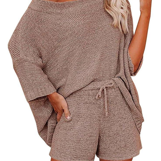 Ermonn Womens 2 Piece Outfits Sweater Sets Off Shoulder Knit Tops Waist Short Suits Casual Pajama Set