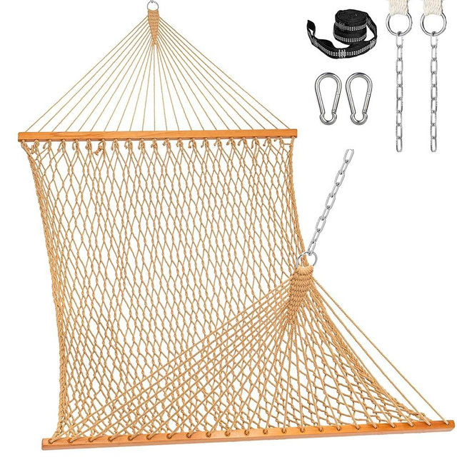 Lazy Daze Hammocks Double Rope Hammock, 2 Person Traditional Outdoor Hand Woven Cotton Rope Hammock with Spreader Bar, Carabiners, Tree Straps, Chains for Patio Yard - Max 450 Lbs, Tan
