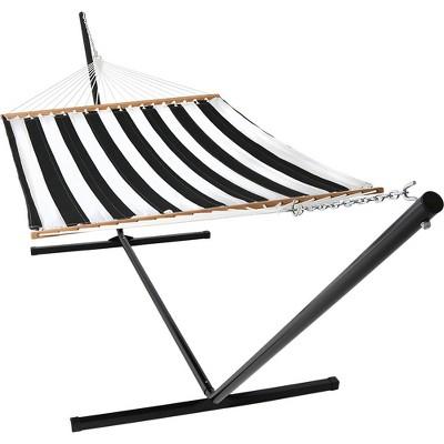 Quilted Double Fabric Hammock with 15' Stand - Black/White Stripe - Sunnydaze Decor