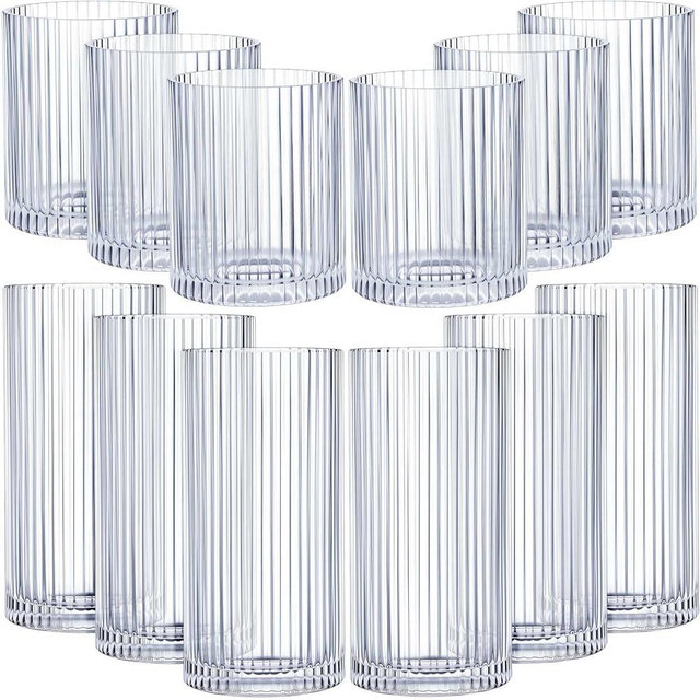 Zhehao 12 Pcs Ribbed Drinking Glasses Set 12 oz 14 oz Glass Cups Vintage Glassware Ribbed Cocktail Cup Clear Ice Coffee Highball Ripple Drinkware for Home Bar Beverages