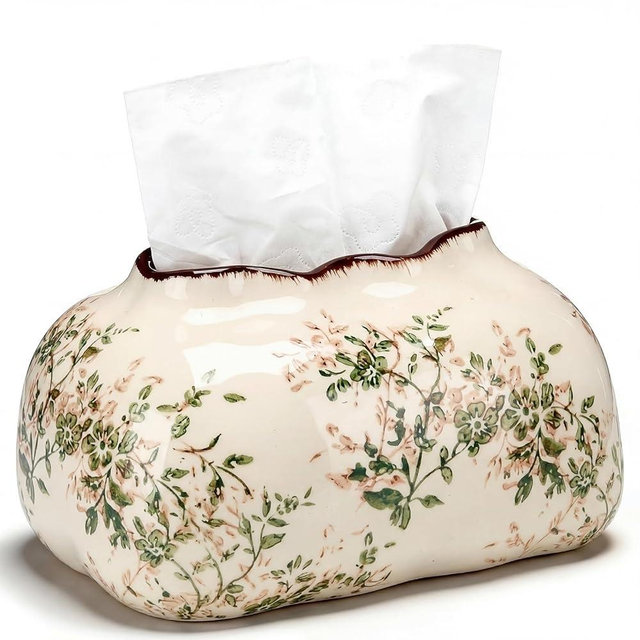 Yalikop Vintage Floral Ceramic Tissue Box Cover Chinoiserie Decorative Tissue Holder Retro Rustic Farmhouse Home Decor for Bathroom Vanity Table Living Room Bedroom Kitchen Office Green and Beige