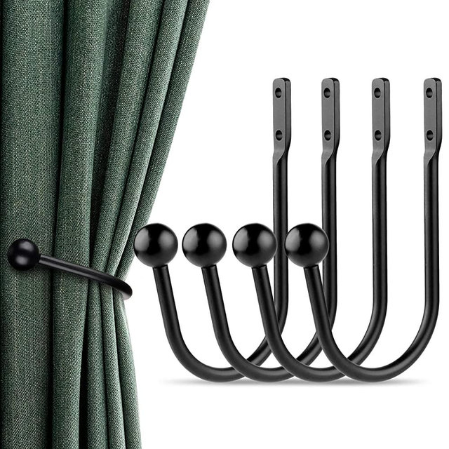 Curtain Holdbacks, 4 pcs Curtains Holder Wall Mounted Drapery Tiebacks Retro Window Hook for Home Decor, Matte Black