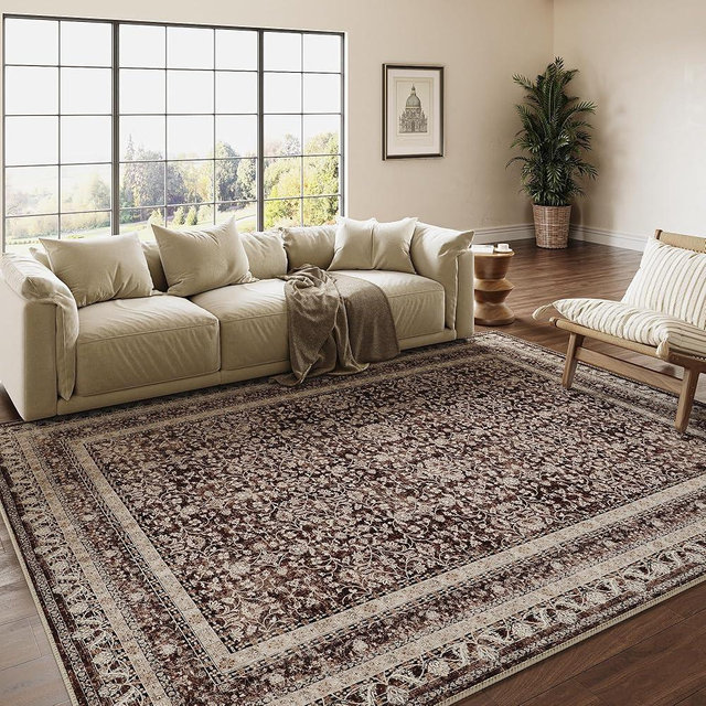 PureCozy Area Rug 5x7 Washable Living Room Rug Rust Red Indoor Vintage Rug Kitchen Accent Rug Retro Distressed Carpet Low Pile Bedroom Rug Office Dining Room