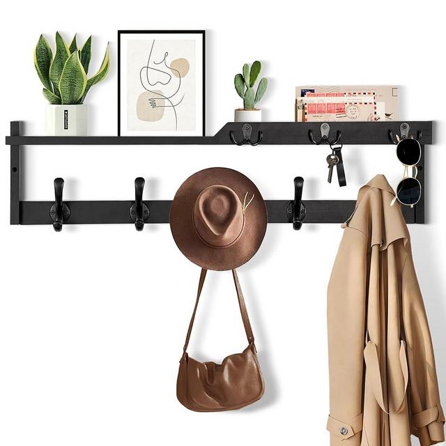 29'' Coat Rack Wall Mount with Shelf, Coat Hanger Wall Mount with Key Hooks and Mail Holder, Wood Entryway Floating Shelf with Hooks and Storage, Hat Rack for Wall Key Holder Mail Organizer