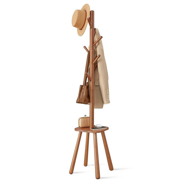 VASAGLE Coat Rack, Free Standing Coat Stand, Hall Coat Tree with 8 Hooks and Storage Shelf, 67.1 Inch Tall, for Coats, Hats, Bags, for Entryway, Hallway, Bedroom, Caramel Brown URCR033K01