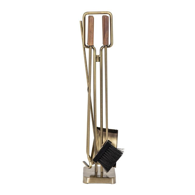 Modern Ember Levi 5 Piece Fireplace Tool Set in Aged Brass with Walnut Wood Handles | Includes Brush, Shovel, Fire Poker, Tongs, and Stand | Heavy-Duty Steel | Heat-Resistant Powder Coating