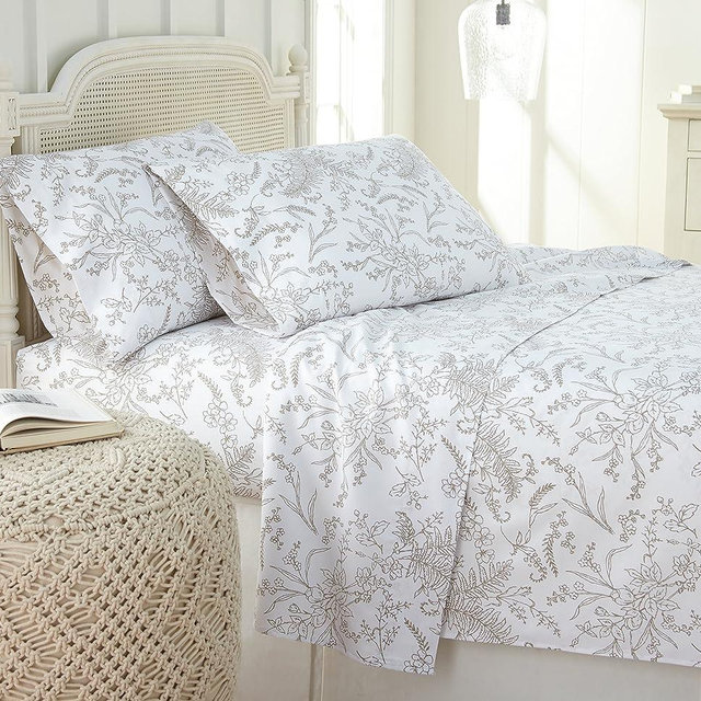 Winter Brush Collection, 4-Piece, 14-Inch Deep Pocket Sheet Set, Easy Care, Shrinkage Free Sheet Set with 1 Flat Sheet, 1 Fitted Sheet, 2 Pillowcases, White with Sand Flowers, King