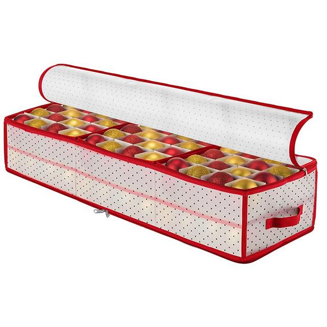 Plastic Under-Bed Christmas Ornament Storage Box Large with 2 Sided Dual Zipper Closure - Keeps 96 Holiday Christmas Ornaments, Xmas Decorations Accessories, 3" Compartments - Sturdy Flexible Plastic