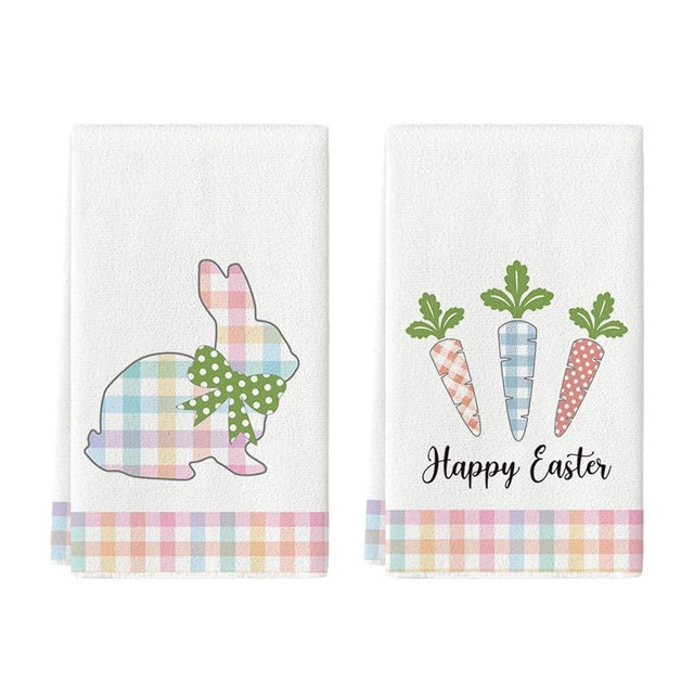 Artoid Mode Checkered Rabbit Bunny Carrots Happy Easter Kitchen Dish Towels,18x26 Inch Seasonal Spring Decoration Cleaning Set of 2