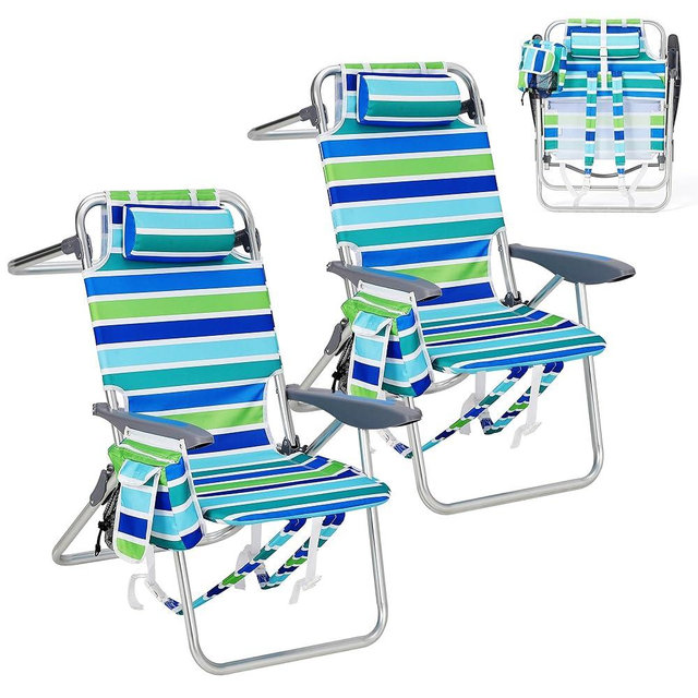 GarveeLife High Backpack Beach Chair for Adults 2 Pack, Lightweight Portable Lay Flat Folding Beach Chair with 5 Positions, Backpack Straps, Phone Pocket, Cup Holder, Cooler Pouch & Towel Bar
