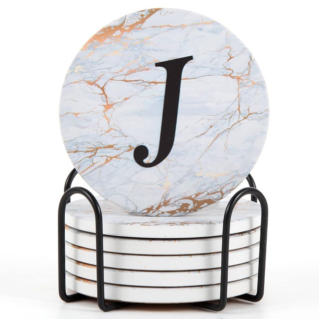 Monogrammed Coasters for Drinks Absorbents with Holder, Set of 6 Ceramic Marble Style Drink Coaster with Cork Base,Personalized Coasters Customizable with Name, Housewarming Gifts
