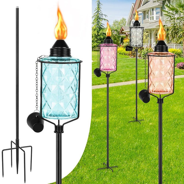 Nonley 4 Pack Glass Garden Torch for Outside 12 oz, Upgraded 61-Inch Outdoor Citronella Torches with 5-Prong Grounded Stake, Height Adjustable Garden Décor Torch for Patio Pathway Party