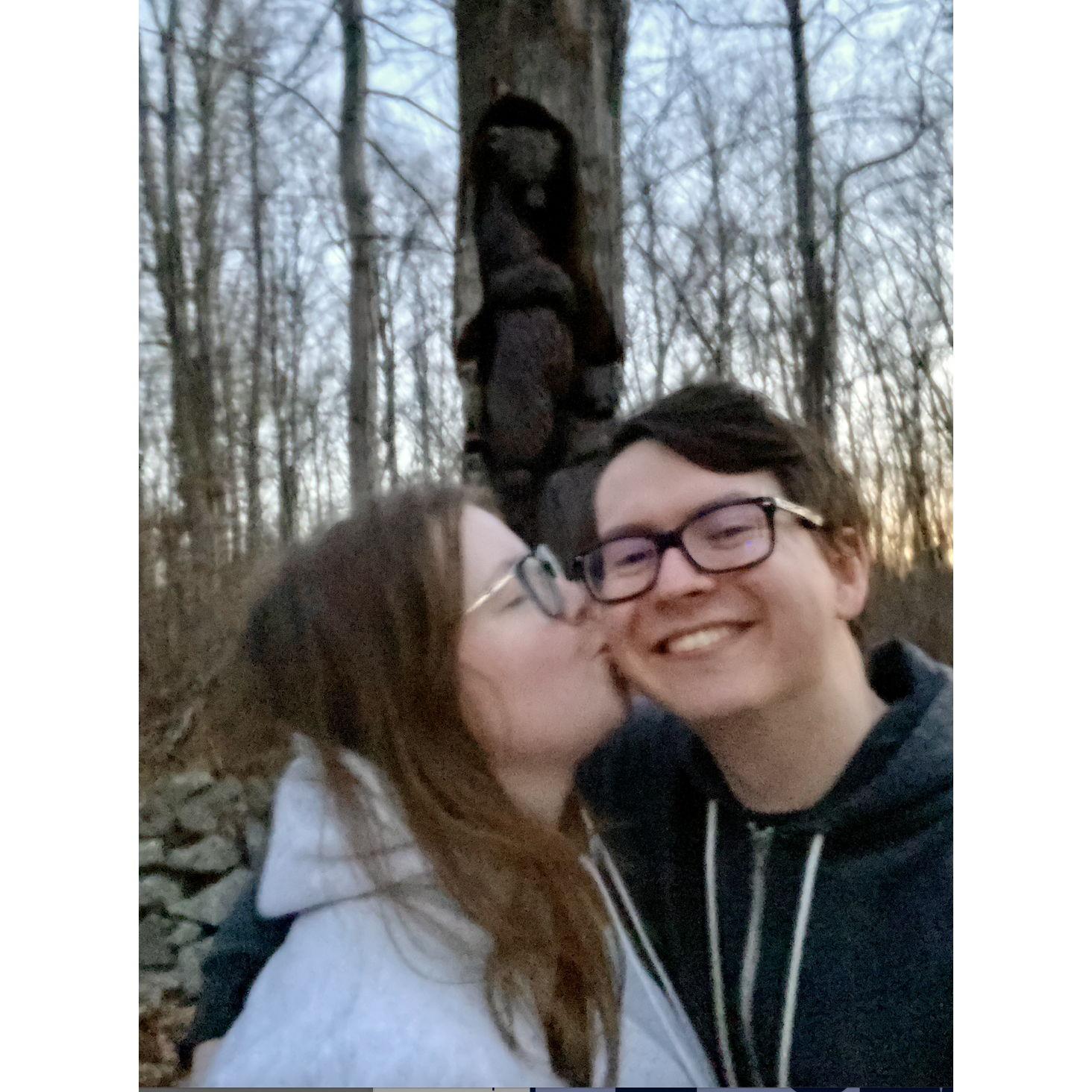 Smooching in front of the famous bear at Bear's Den!
