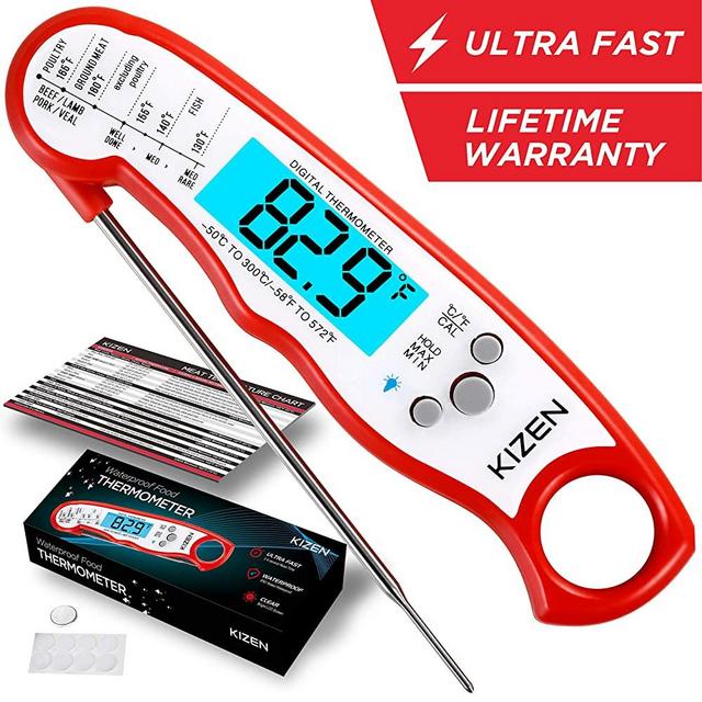 Kizen Instant Read Meat Thermometer - Best Waterproof Ultra Fast Thermometer with Backlight & Calibration. Kizen Digital Food Thermometer for Kitchen, Outdoor Cooking, BBQ, and Grill!